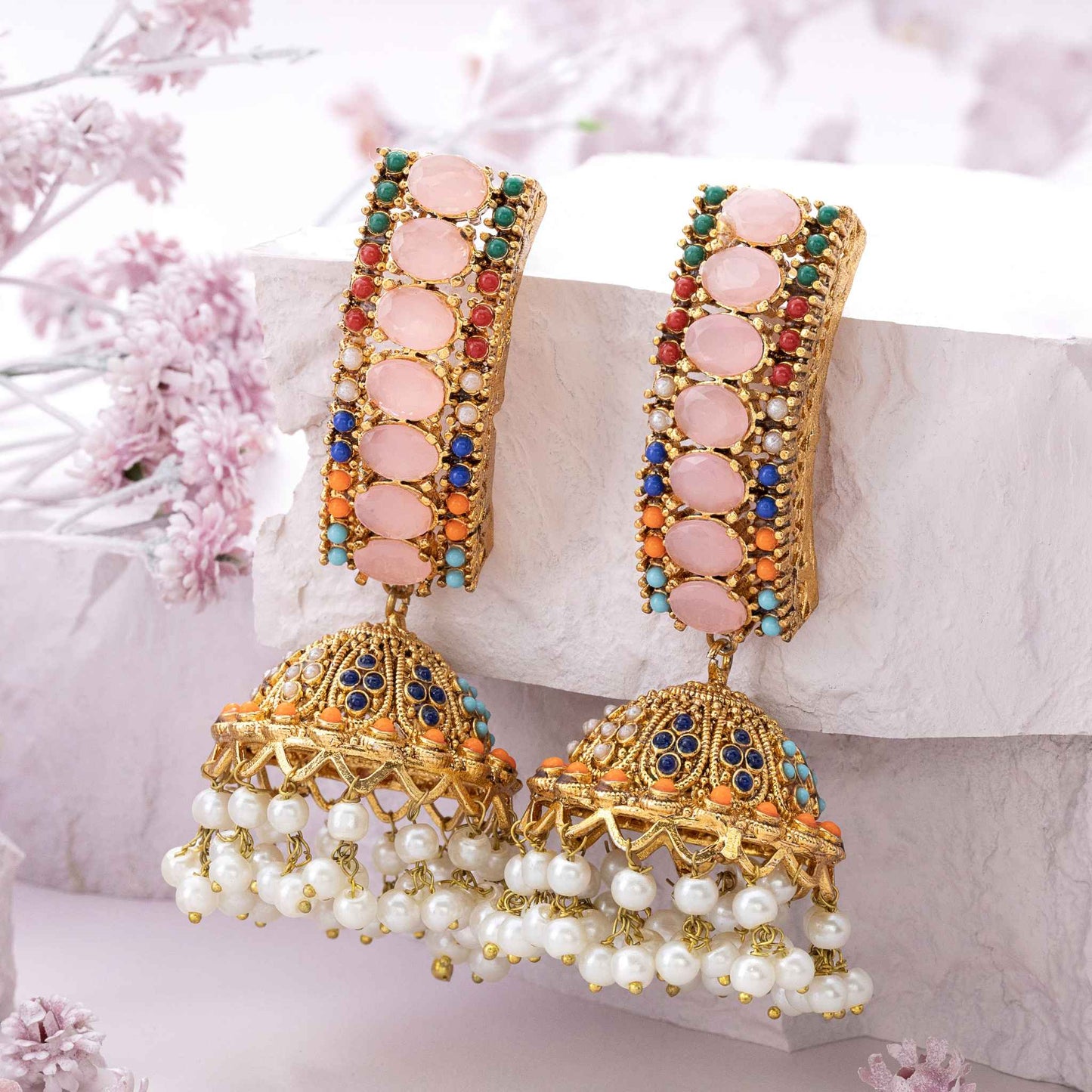 navratan jhumkas with pearl accent