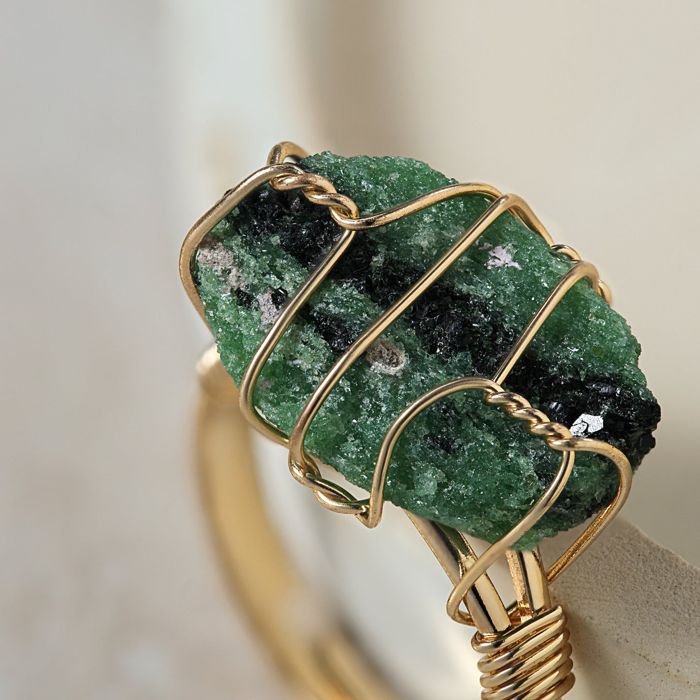 Emerald wire wrapped stone ring