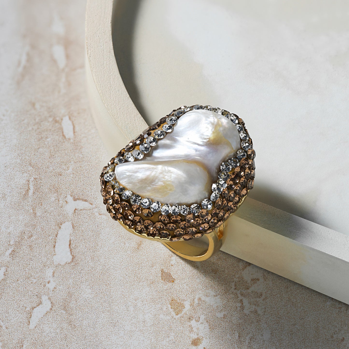 fresh water pearl ring with zircon stones