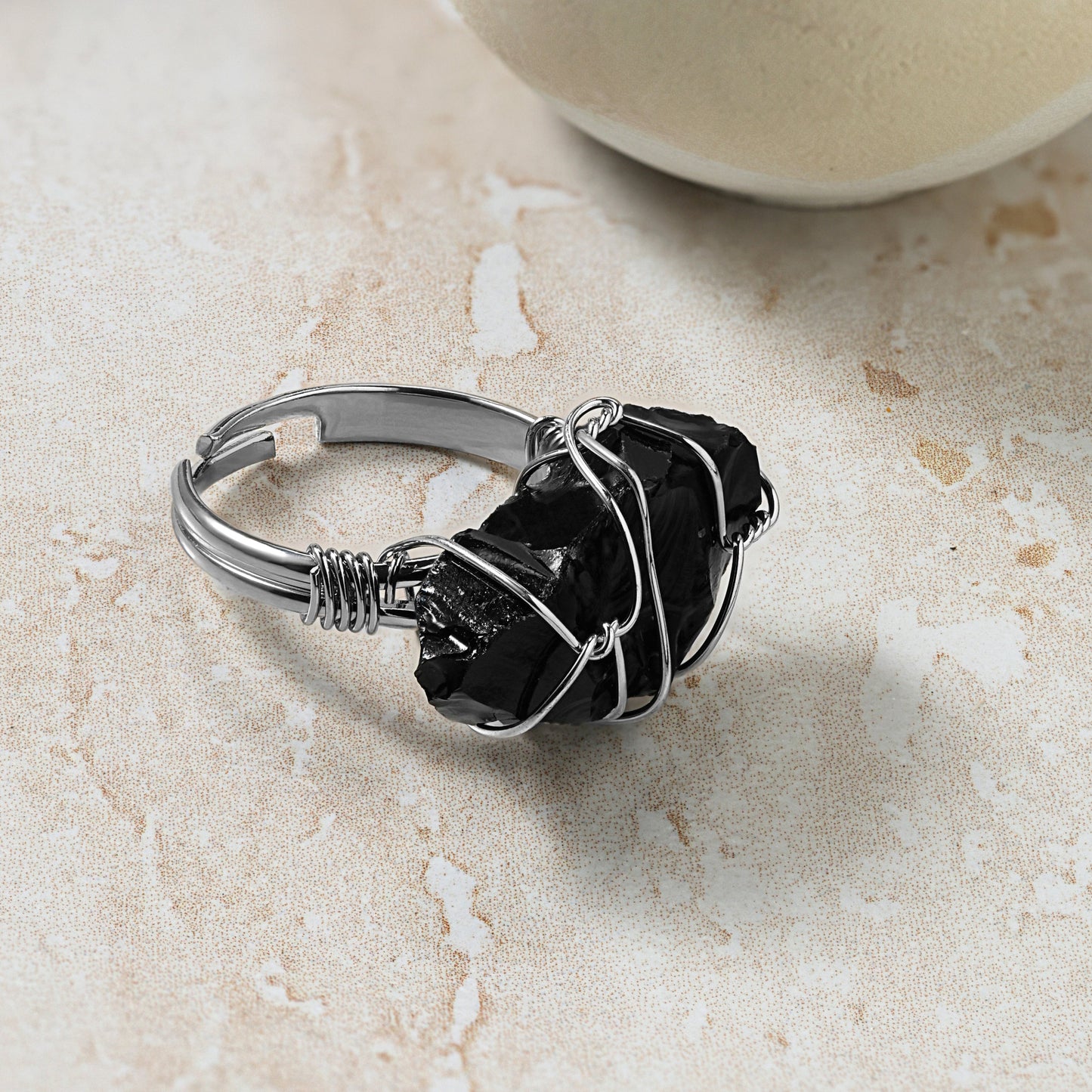 wire wrapped stone ring obsidian