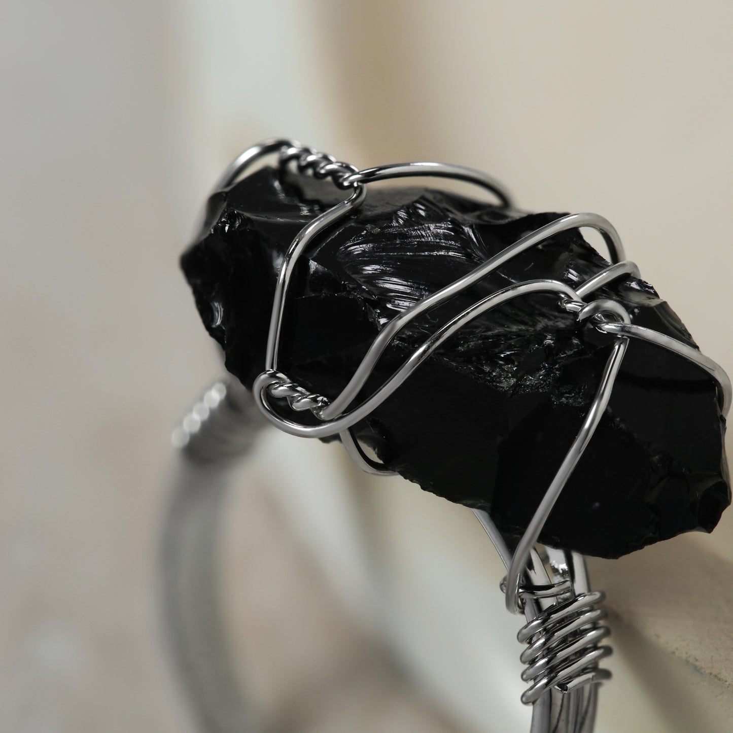 wire wrapped stone ring obsidian