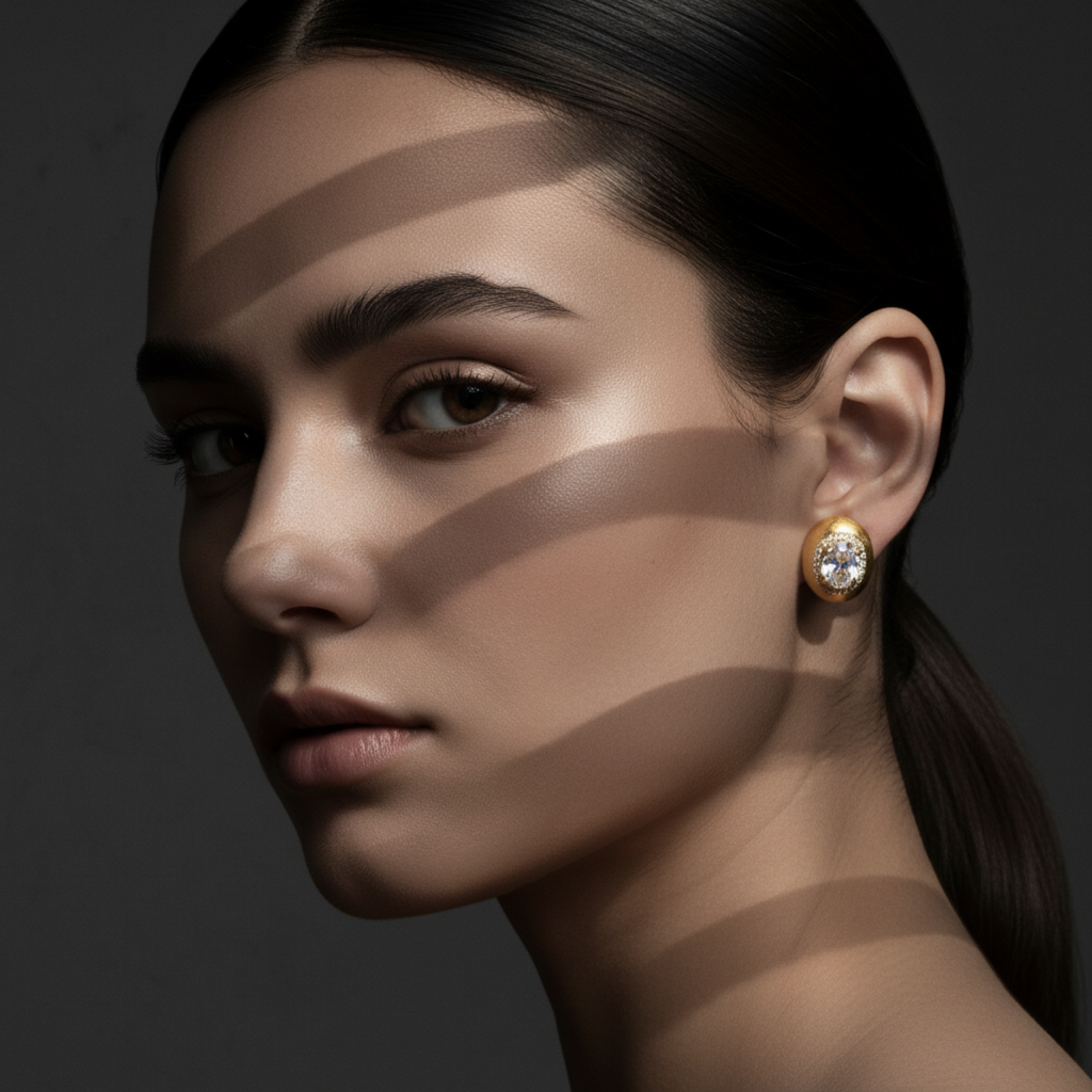 Close-up of a woman's face with makeup and an earring on a dark background