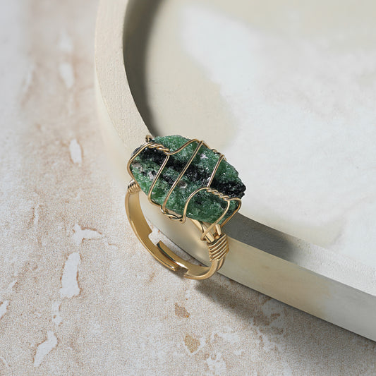 Emerald wire wrapped stone ring