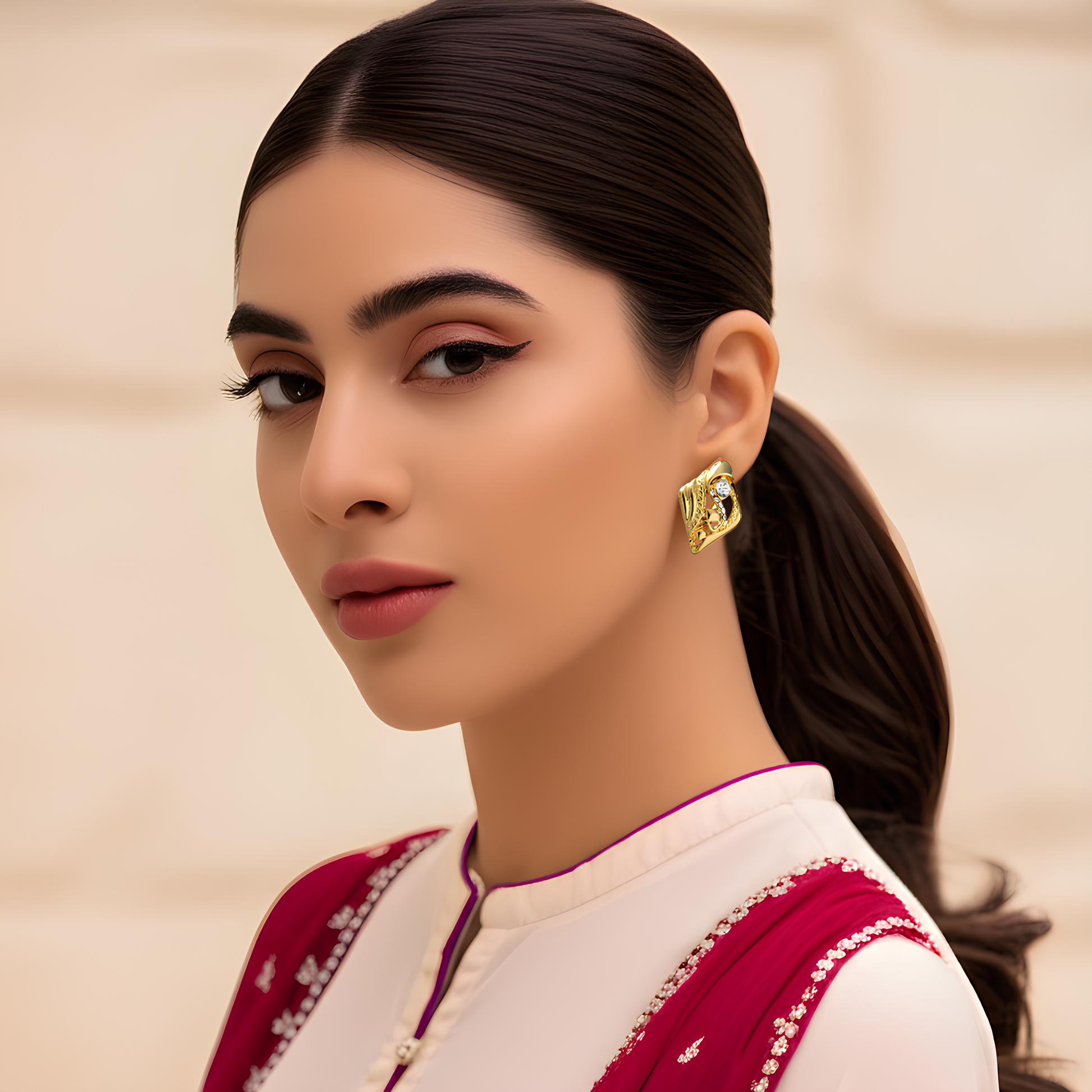 model wearing gold studs