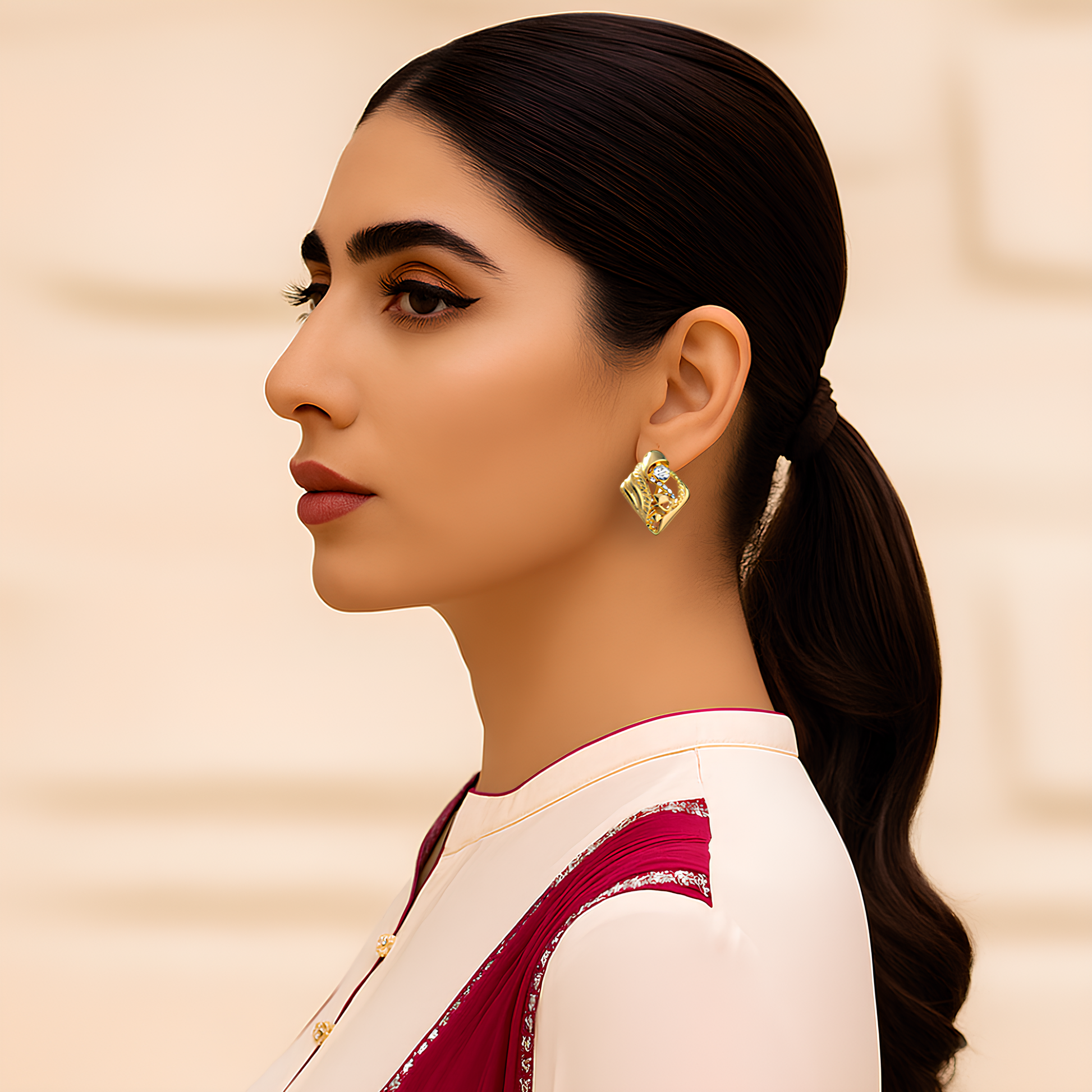 model wearing gold studs