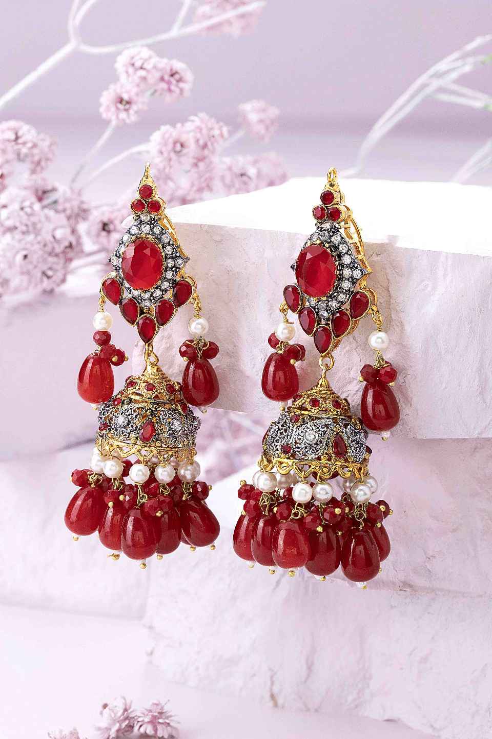red stone gold jhumkas 